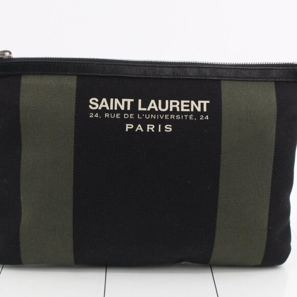 Saint Laurent Black/Green Stripe Canvas Zip Pouch - Picture 1 of 13